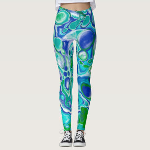 Legging Abstrato de Arte Fluida Marble Azul e Verde