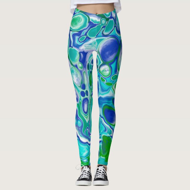 Legging Abstrato de Arte Fluida Marble Azul e Verde (Frente)