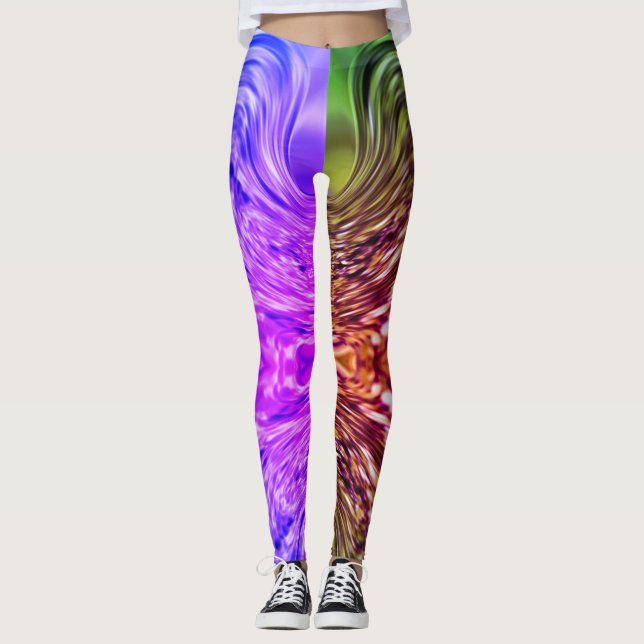 Legging Abstrato de Arte Líquida Verde e Roxa (Frente)