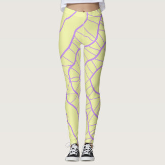 Legging Abstrato de Caos Amarelo com Linhas onduladas roxa