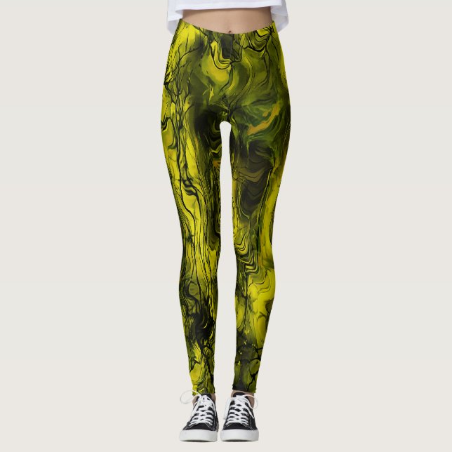 Legging Abstrato de energia nervoso preto e amarelo (Frente)