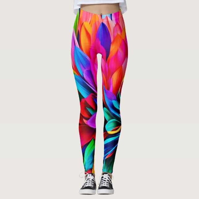 Legging Abstrato de Flor Arco-Íris Vibrante (Frente)