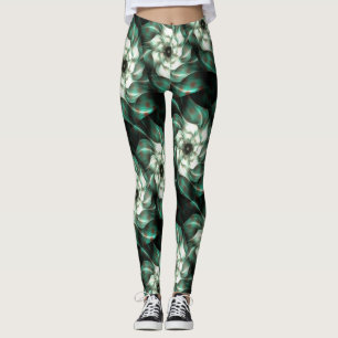 Legging Abstrato de Flor Fractal Verde e Branco de Jade Es