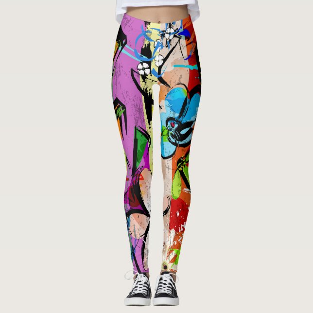 Legging Abstrato de Flores, Composição de Linhas Geométric (Frente)