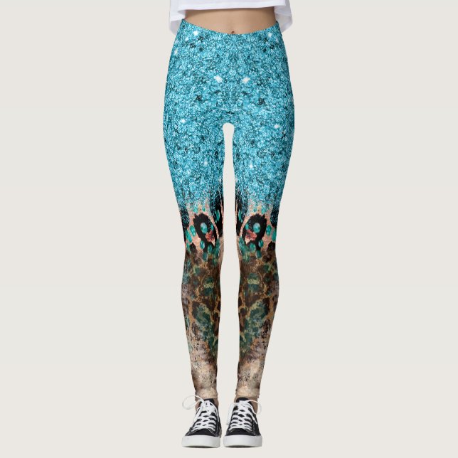 Legging Abstrato de Impressão Leopardo Azul Teal (Frente)