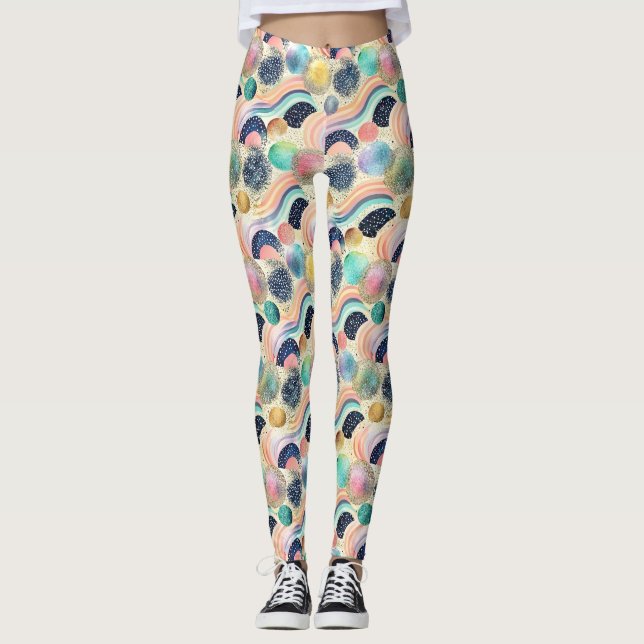 Legging Abstrato de Ondas do Arco-Íris e Largura do Pastel (Frente)