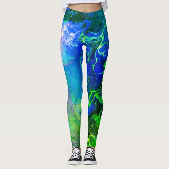 Legging Abstrato de Tinta Texturizada Fluindo Verde e Azul (Frente)