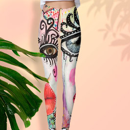 Legging Abstrato Face aos olhos grandes Lábios vermelhos N