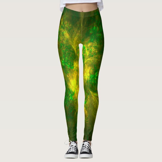 Legging Abstrato Flor, Padrões Amarelos E Verdes (Frente)