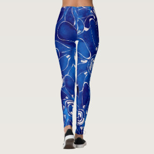 Legging Abstrato Floral Arte Padrão Azul Flores Brancas