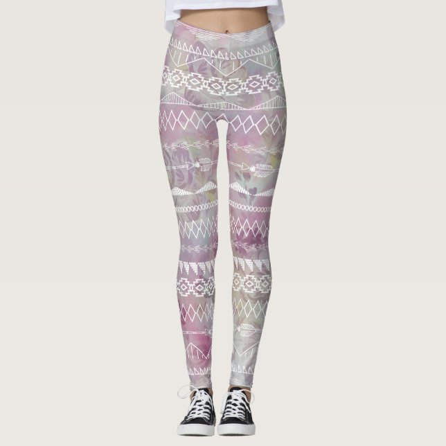Legging Abstrato Floral Aztec Padrão Rosa Púrpura Aztec Tr (Frente)