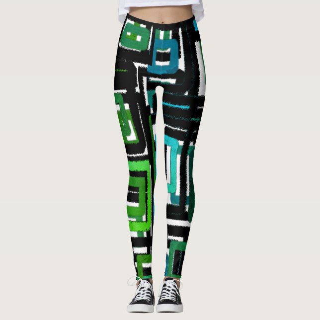 Legging Abstrato Geométrico Bloqueia Azul Verde Preto (Frente)