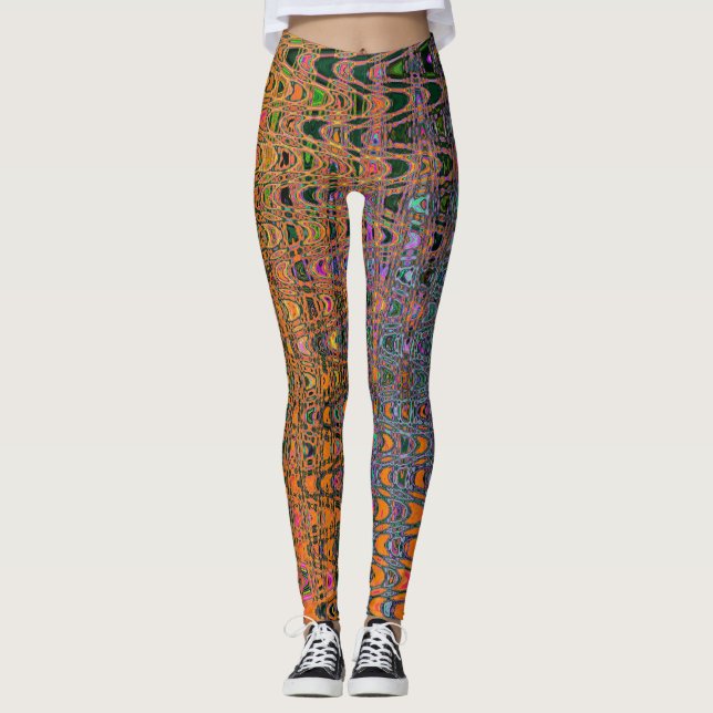 Legging Abstrato Laranja e Aqua Retro Boomerang Ondas (Frente)