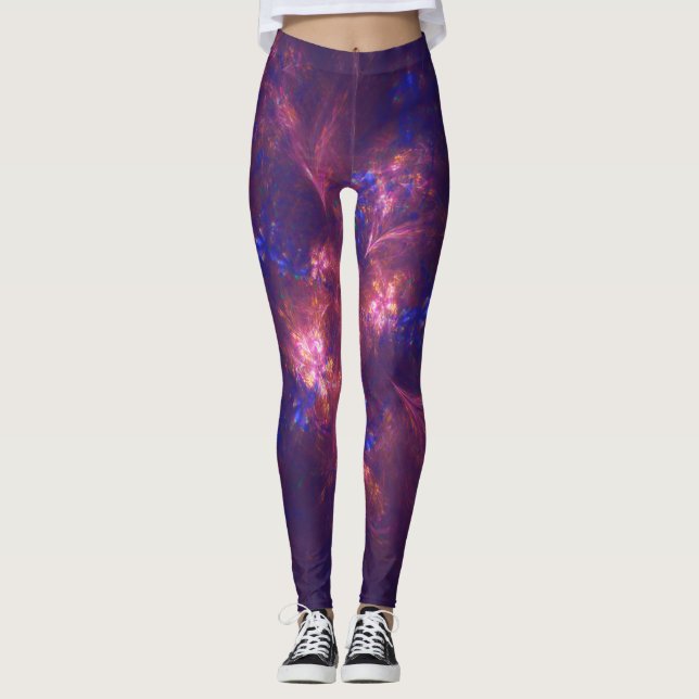 Legging Abstrato Luz De Flor Roxo E Padrões Azuis Misturad (Frente)