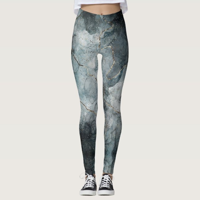 Legging Abstrato Marbled Paint Foggy Cinza Blue Modern Art (Frente)