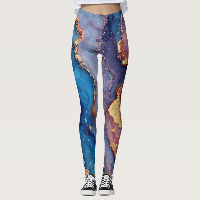Legging Abstrato Moderna Trendência Chic Dourada Roxa Azul (Frente)