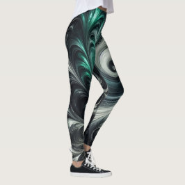 Legging Abstrato Moderno Girando Verde, Prata e Preto