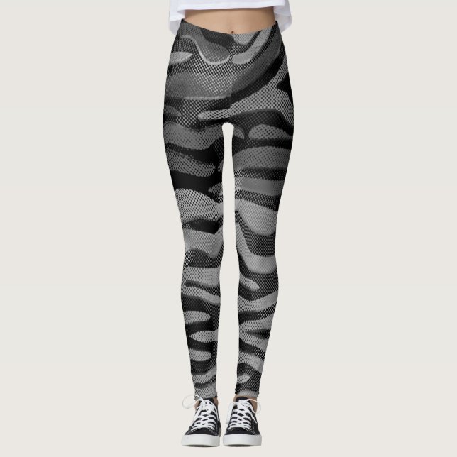 Legging Abstrato Preto, Cinza, Pernas Prateadas (Frente)