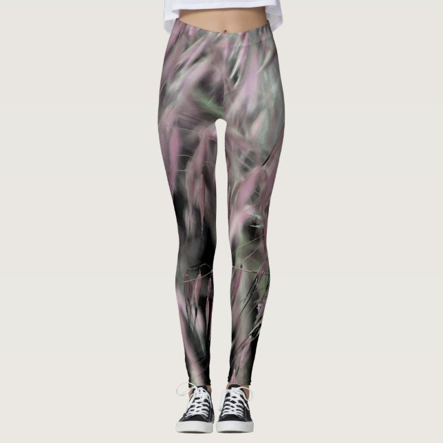 Legging Abstrato rosa e grama verde nas Cinzas (Frente)