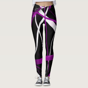 Legging Abstrato roxo sem costura e linhas brancas em pret