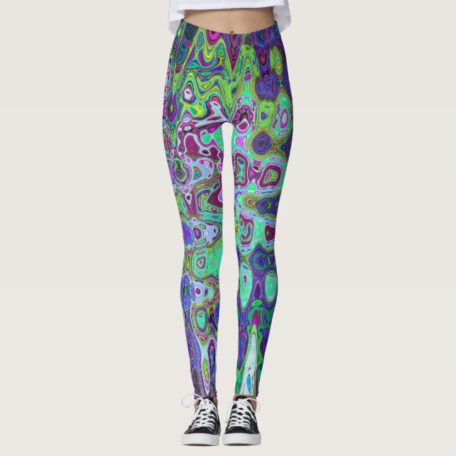 Legging Abstrato Verde e Retro do Mosaico de Onda Roxo (Frente)