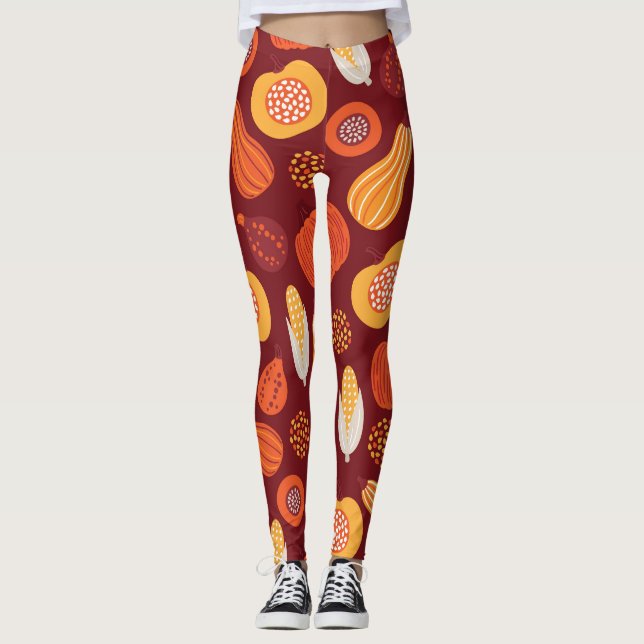 Legging Ação de Graças Pumpkin Brown Seamless Pattern. (Frente)