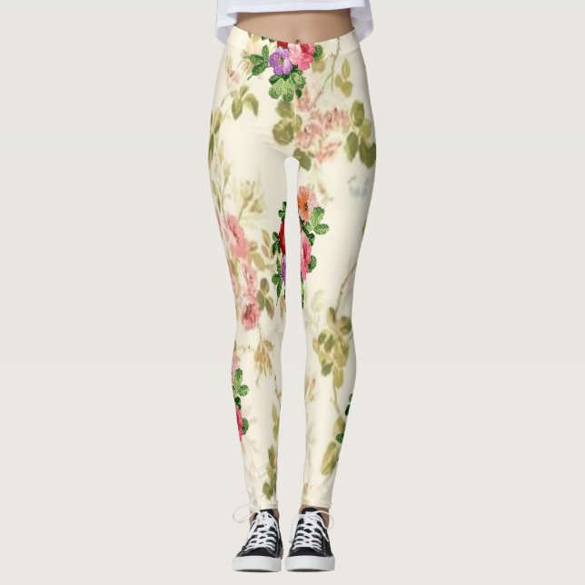 Legging adolescente branco de pernas longas florais (Frente)