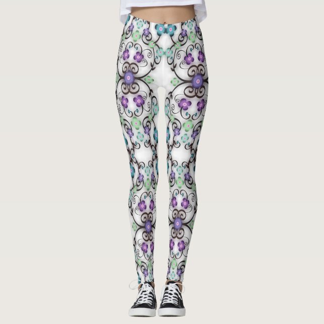 Legging Adorável Vista de Flores Violeta Azul em Renda (Frente)
