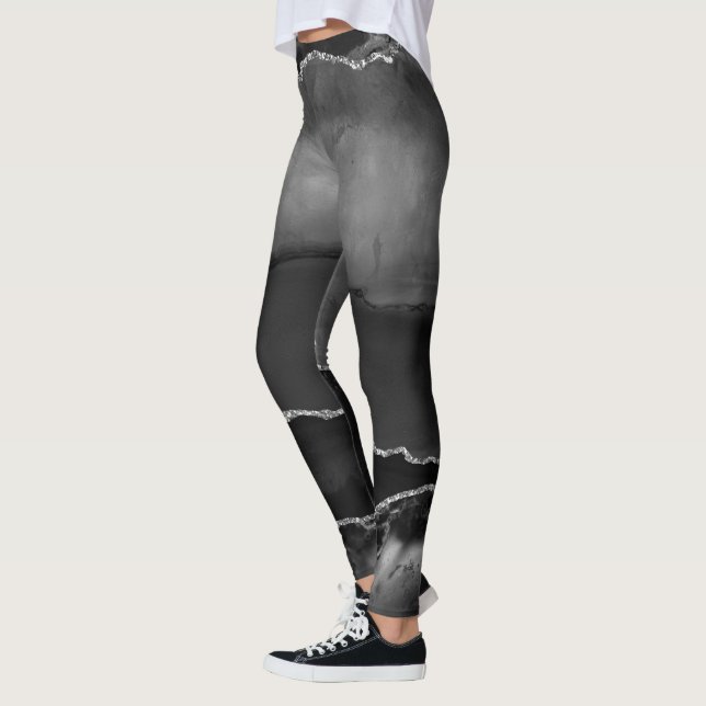 Legging Ágata Falsa Marbleada Preta Elegante Brilho Pratea (Esquerda)
