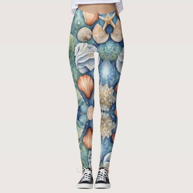 Legging Água de Brisa Oceânica: Concha e Estrela do Mar (Frente)