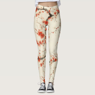 Legging Água-forte de Flor de Ameixa Vermelha - Arte Flora