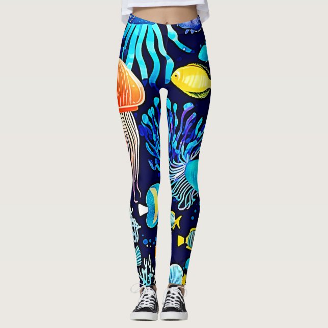 Legging Água-viva e peixe: delícia no mar profundo (Frente)