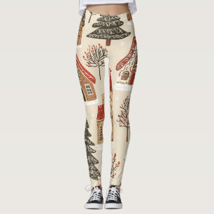 Legging Aldeia de Natal de Pão de Mel Creme Marrom Vermelh
