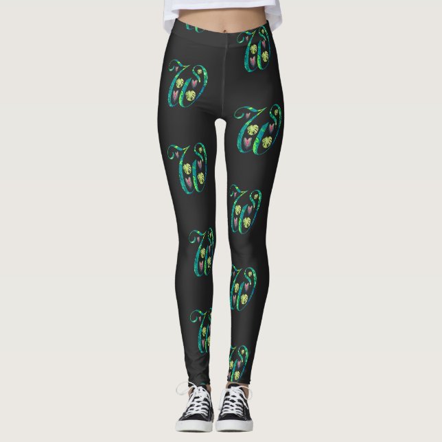 Legging Alfabeto Tropical: W em Preto (Frente)