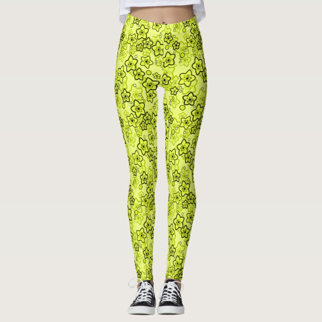 Legging Amarelo com padrão floral neon brilhante preto (Frente)