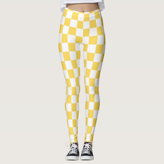 Legging Amarelo e branco da mostarda do tabuleiro de damas (Frente)