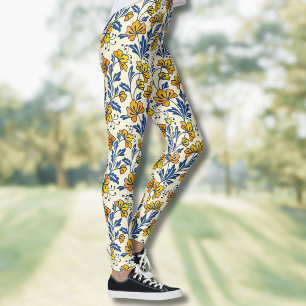 Legging Amarelo Floral Folclórico Azul Folha Floral Vintag