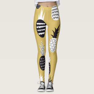 Legging Ananás brancos, pretos, fundo amarelo