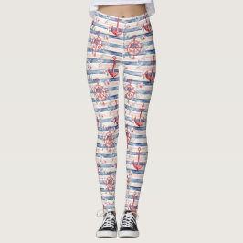 Legging Âncoras Florais Listras Azuis Vermelhas Praia 