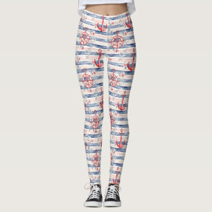 Legging Âncoras Florais Listras Azuis Vermelhas Praia