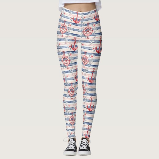 Legging Âncoras Florais Listras Azuis Vermelhas Praia  (Frente)