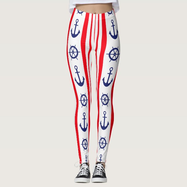 Legging Âncoras Náuticas Vermelhas e Azuis e Roda de Navio (Frente)