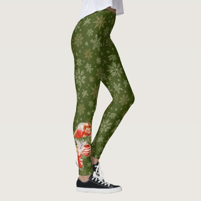 Legging Anjos Decorando | Flocos de Neve Dourados | Verde (Direita)