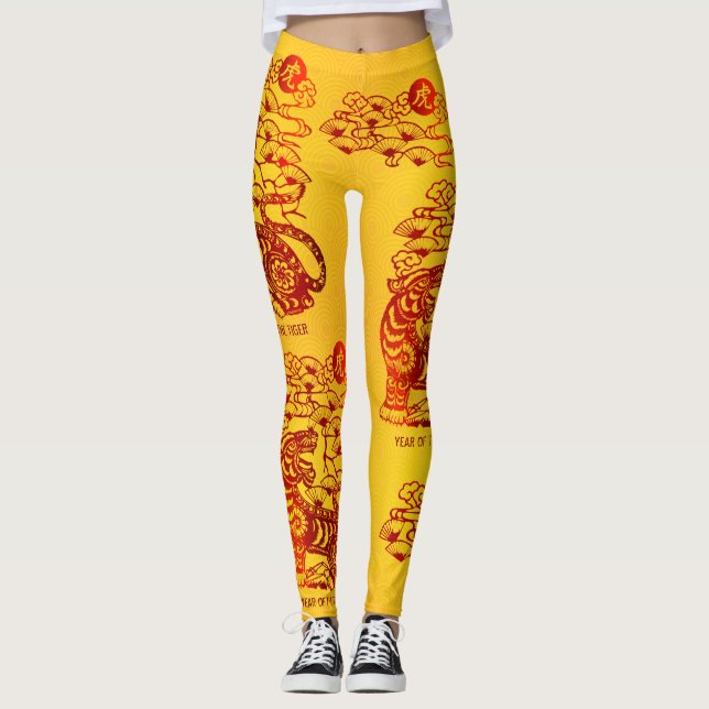 Legging Ano Novo Chinês Lunar, Amarelo Vermelho Tigre (Frente)