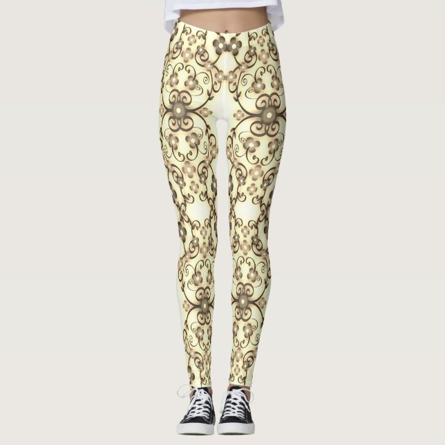 Legging Aparência de renda de flores em dourado sépia (Frente)