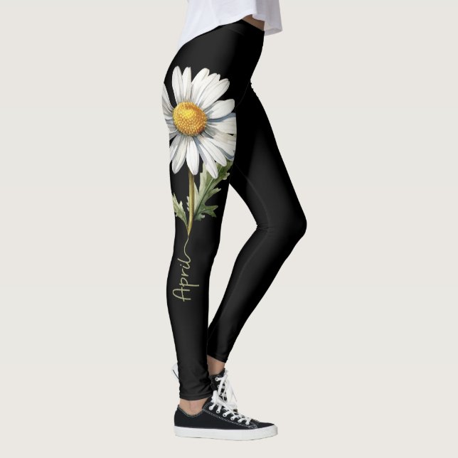 Legging April Birth Flower, margarida branca em preto (Direita)