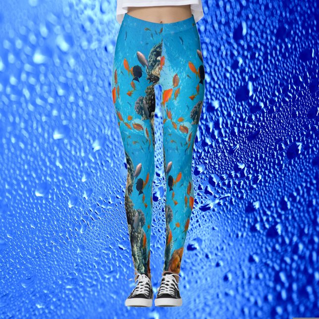 Legging Aqua Azul Azul-Azul-Cágico Moderno Oceano Marinho  (Modern Chic Aqua Blue Marine Life Ocean Colorful Leggings)