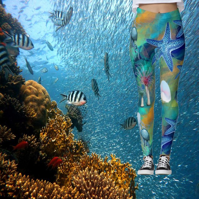 Legging Aqua Azul Azul-Azul-Cágico Moderno Oceano Marinho (Modern Chic Aqua Blue Marine Life Ocean Starfish Leggings)
