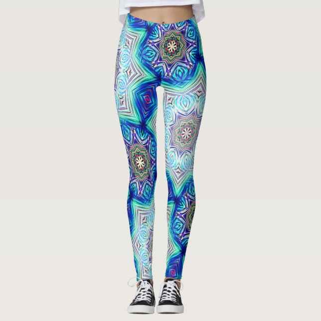 Legging Aqua azul real caleidoscópio com oito pontos de es (Frente)