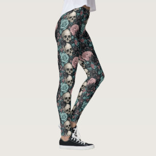 Legging Aqua Rosa e Preto Floral Gótico com Caveiras